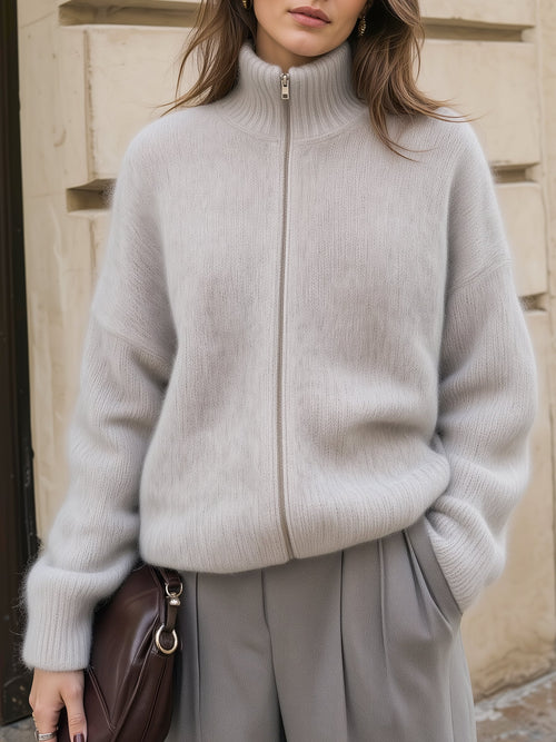 High Neck Zip-Front Knit Cardigan