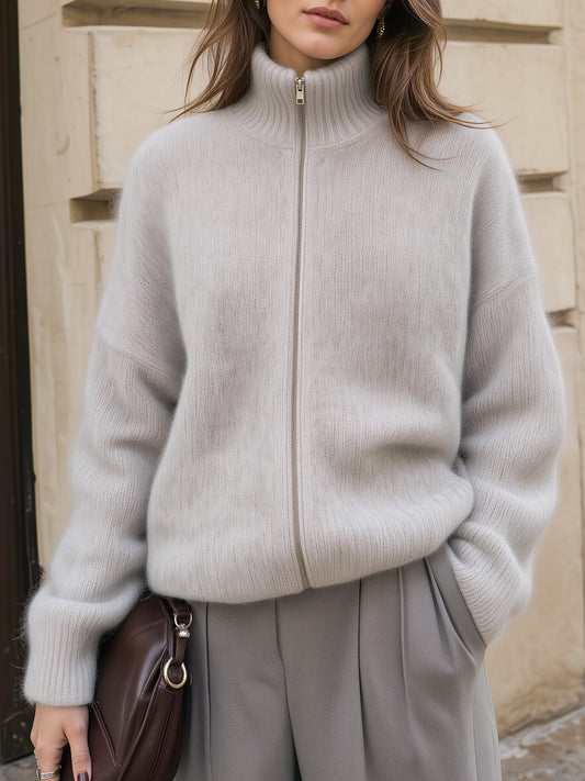 High Neck Zip-Front Knit Cardigan