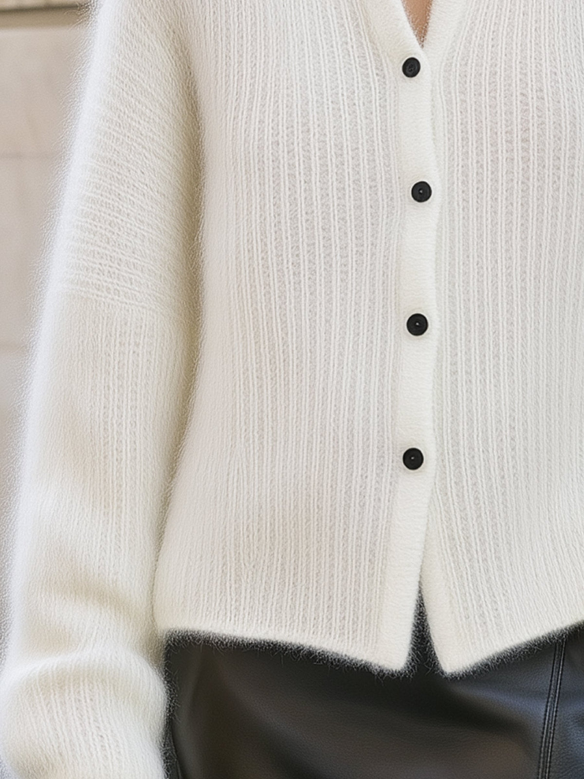 Contrast Button-Front Fuzzy Knit Cardigan