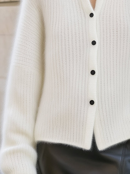 Contrast Button-Front Fuzzy Knit Cardigan