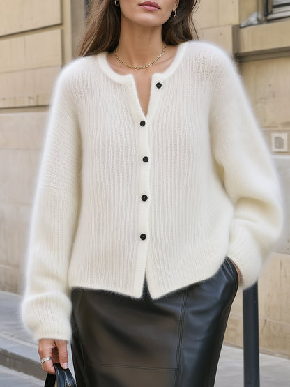 Contrast Button-Front Fuzzy Knit Cardigan