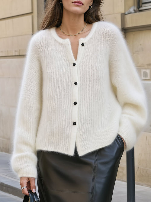 Contrast Button-Front Fuzzy Knit Cardigan