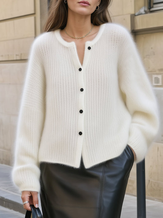Contrast Button-Front Fuzzy Knit Cardigan