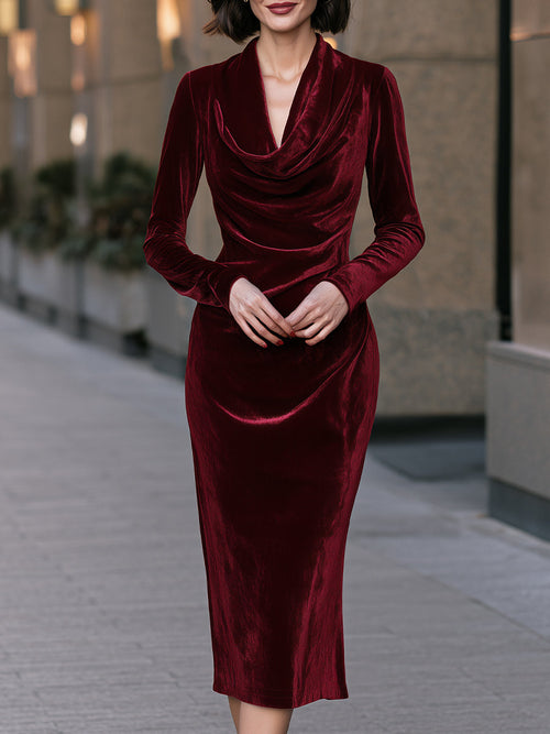 Draped Cowl Neck Velvet Long Sleeve Midi Dress