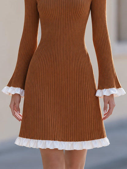 Mock Neck Long Flare Sleeve Contrast Ruffle Hem Ribbed Knit Midi Dress