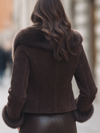 Chocolate Brown Suede Oversized Faux Fur Collar Cropped Jacket