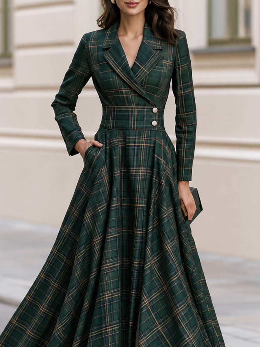 Lapel Tartan Plaid Wrap Maxi Dress With Pockets