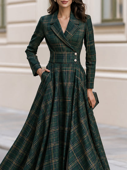 Lapel Tartan Plaid Wrap Maxi Dress With Pockets