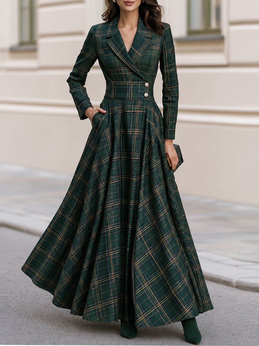 Lapel Tartan Plaid Wrap Maxi Dress With Pockets