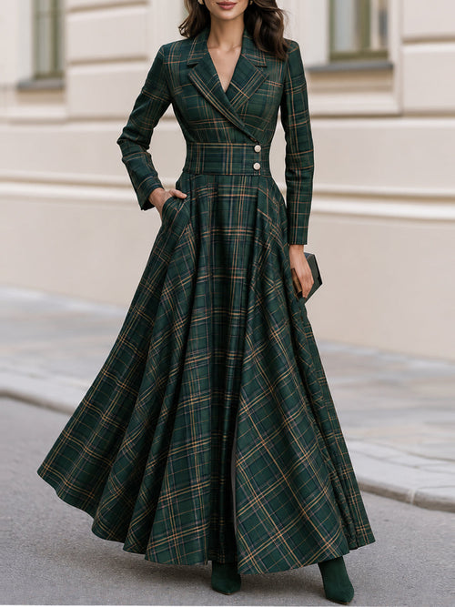 Lapel Tartan Plaid Wrap Maxi Dress With Pockets