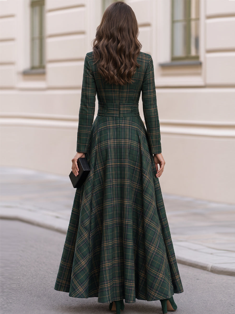 Lapel Tartan Plaid Wrap Maxi Dress With Pockets