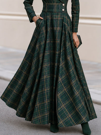 Lapel Tartan Plaid Wrap Maxi Dress With Pockets