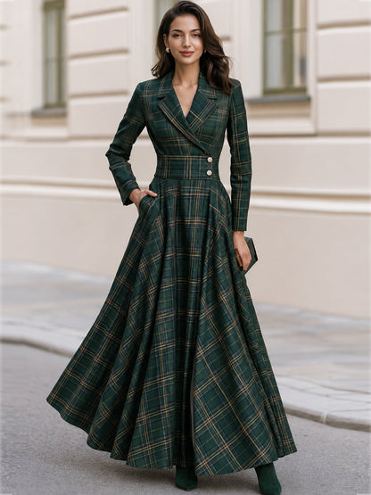 Lapel Tartan Plaid Wrap Maxi Dress With Pockets