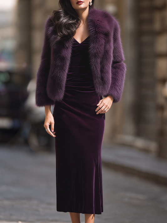 Luxury Faux Fur Cropped Jacket with Velvet Slip Dress Set