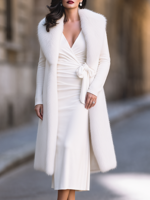 Ivory Faux Fur Longline Vest & Long Sleeve Wrap Midi Dress Two-Piece Set