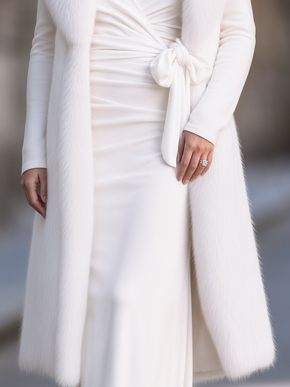 Ivory Faux Fur Longline Vest & Long Sleeve Wrap Midi Dress Two-Piece Set