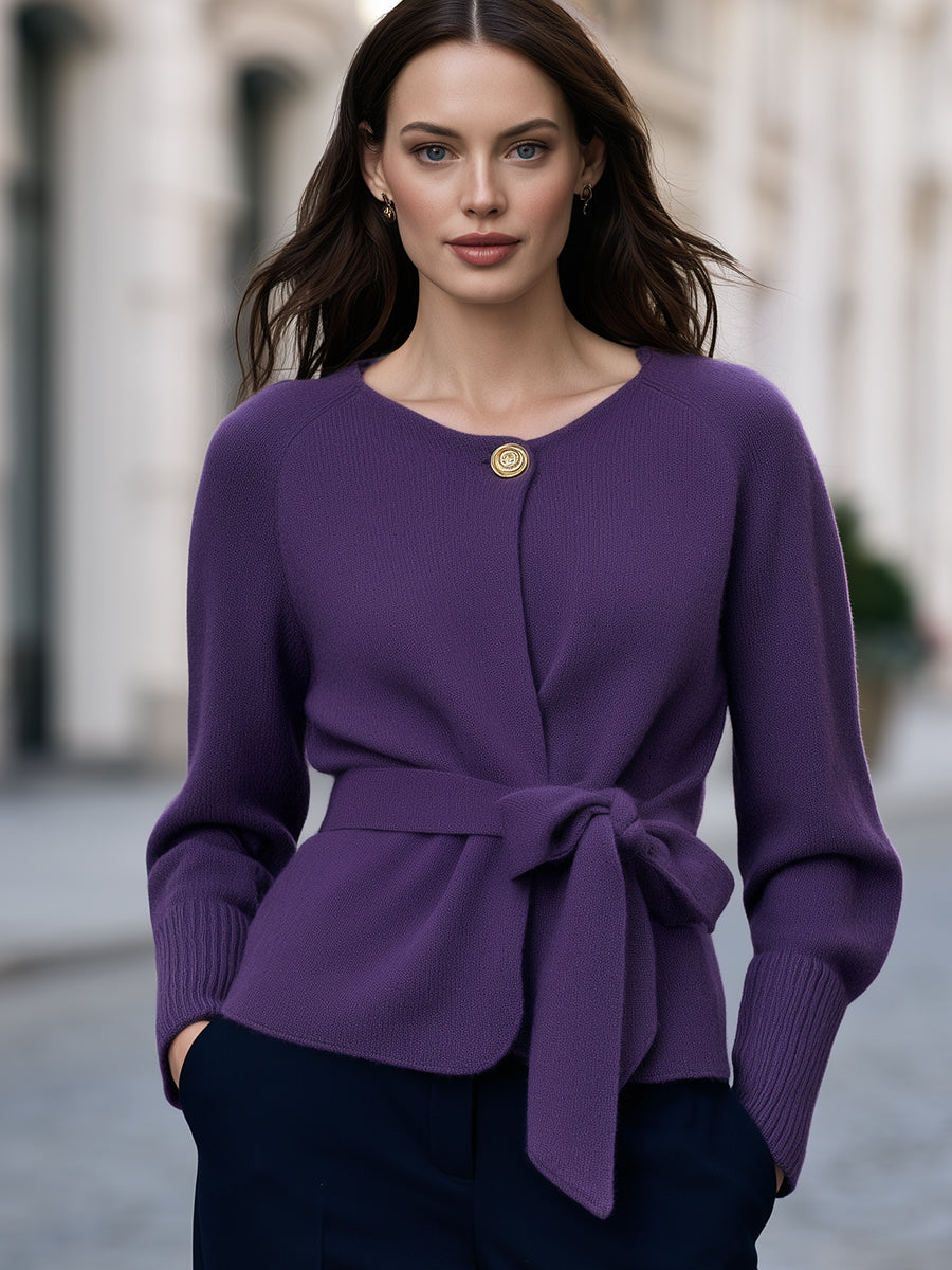 Belted Single-Button Knit Cardigan
