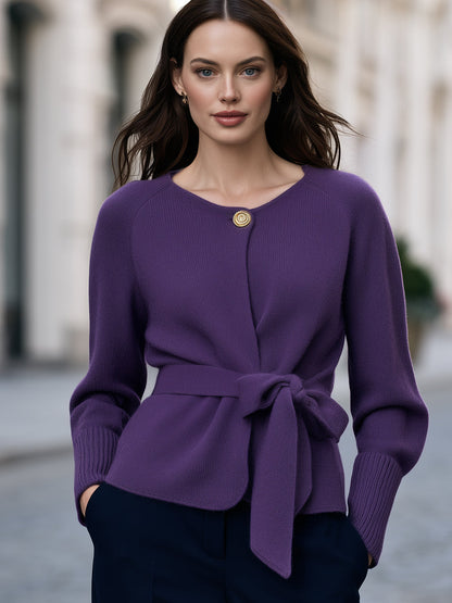 Belted Single-Button Knit Cardigan