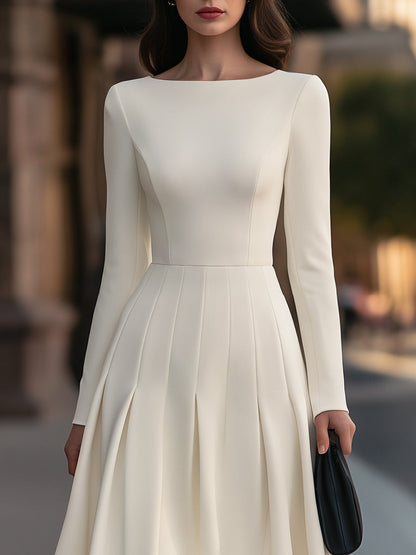 Boat Neck Long Sleeve Pleated A-Line Midi Dress