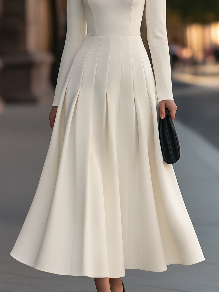Boat Neck Long Sleeve Pleated A-Line Midi Dress