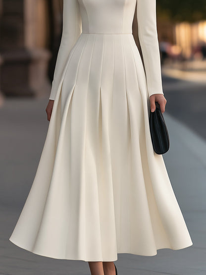Boat Neck Long Sleeve Pleated A-Line Midi Dress