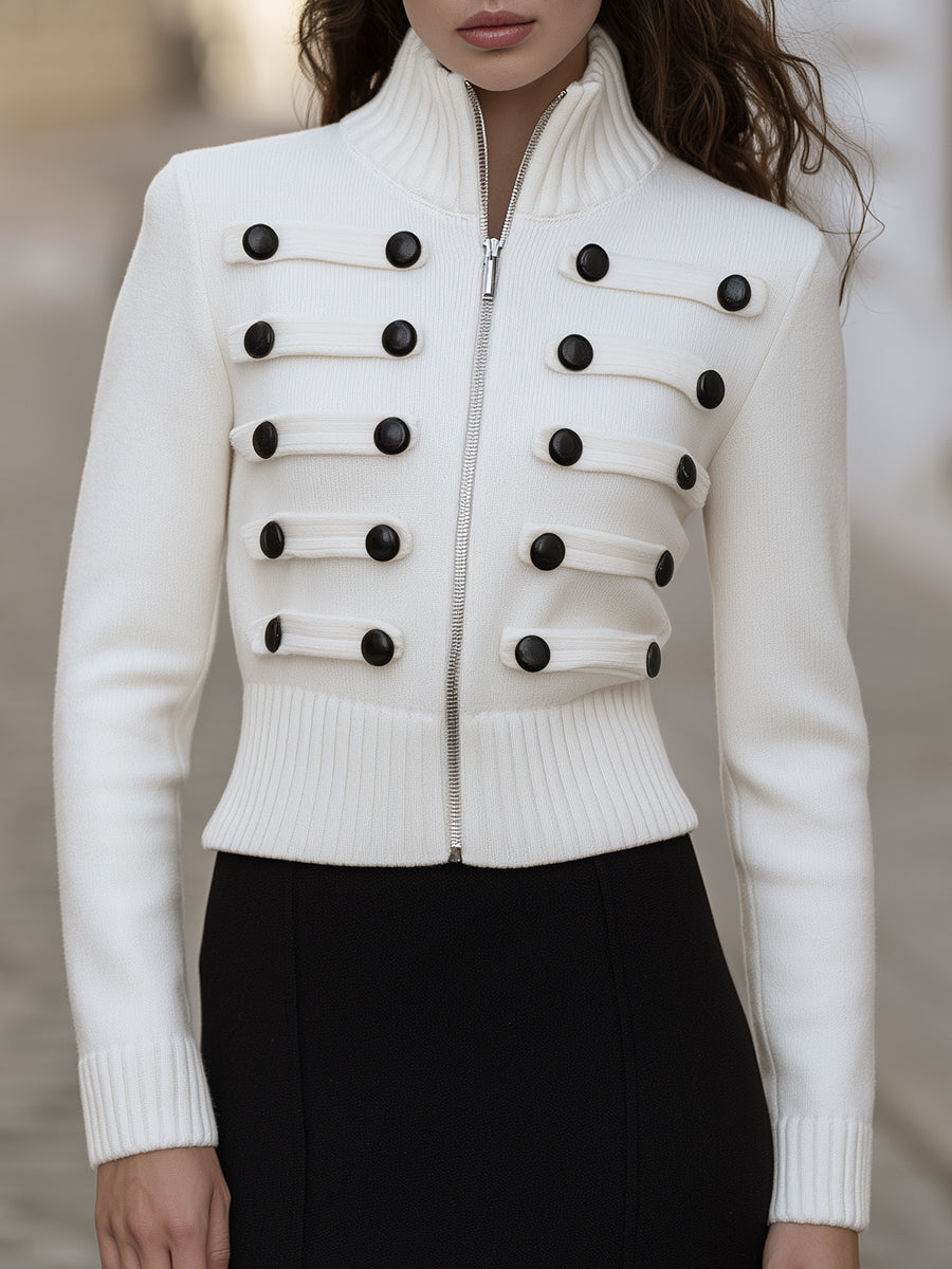 Military-Inspired Button-Trim Zip-Up Knit Cardigan