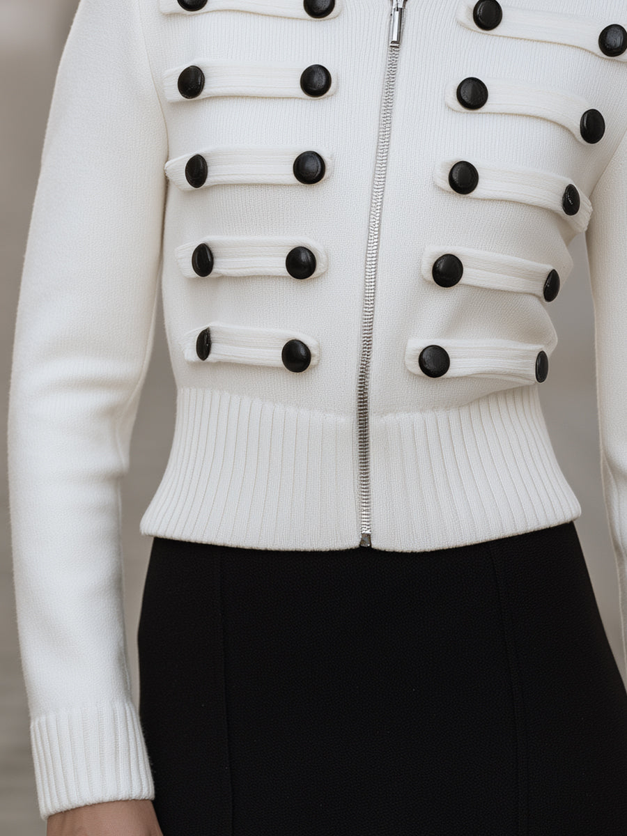 Military-Inspired Button-Trim Zip-Up Knit Cardigan