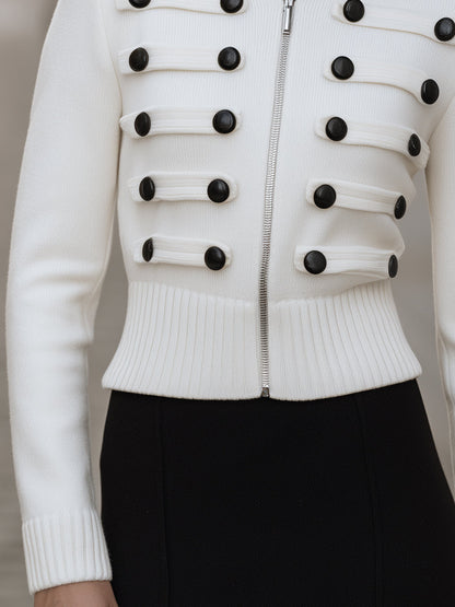 Military-Inspired Button-Trim Zip-Up Knit Cardigan