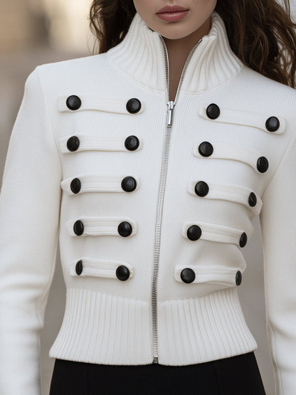 Military-Inspired Button-Trim Zip-Up Knit Cardigan