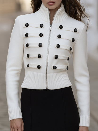 Military-Inspired Button-Trim Zip-Up Knit Cardigan