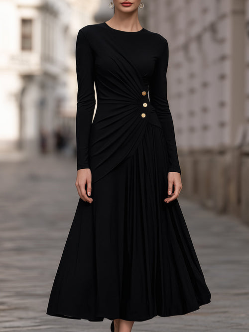 Ruched-Waist Button-Detail Maxi Dress
