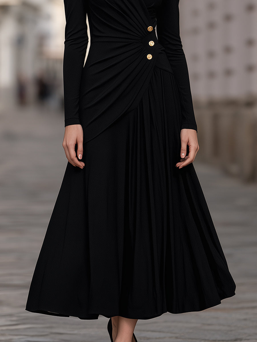 Ruched-Waist Button-Detail Maxi Dress