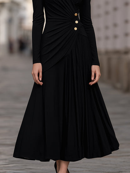 Ruched-Waist Button-Detail Maxi Dress