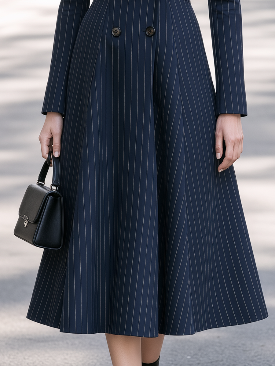 Pinstripe Double-Breasted Lapel Collar Midi Dress