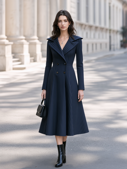 Pinstripe Double-Breasted Lapel Collar Midi Dress