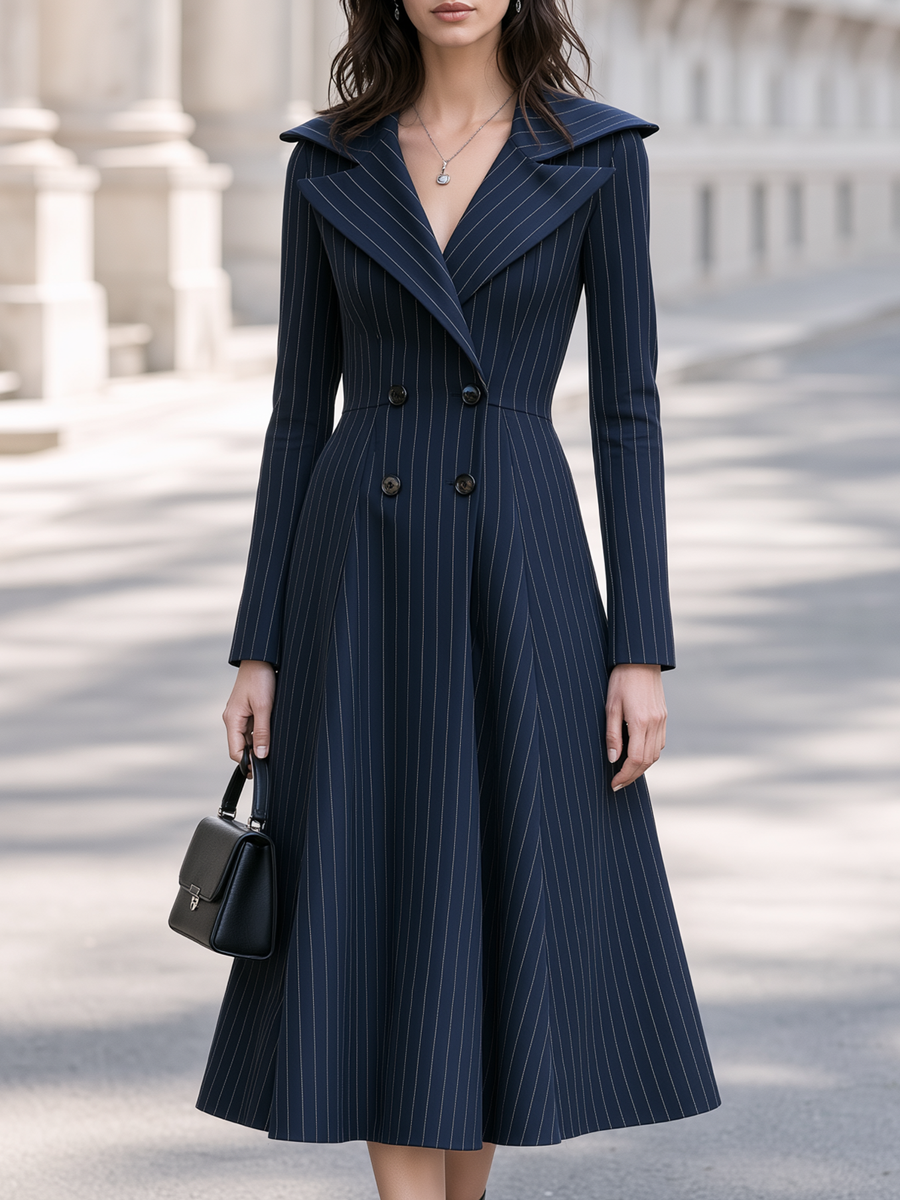 Pinstripe Double-Breasted Lapel Collar Midi Dress