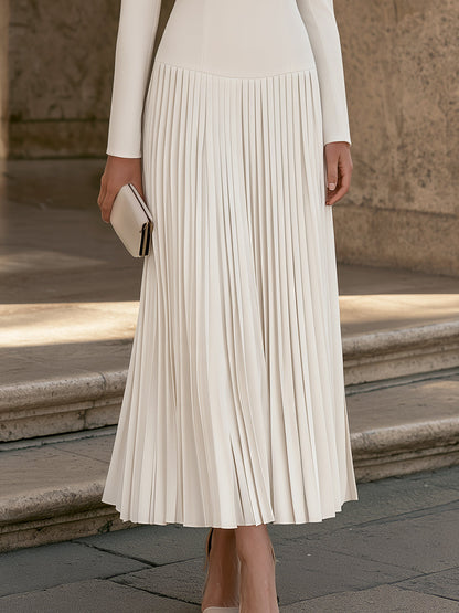 Elegant Long Sleeve Pleated Drop-Waist Maxi Dress