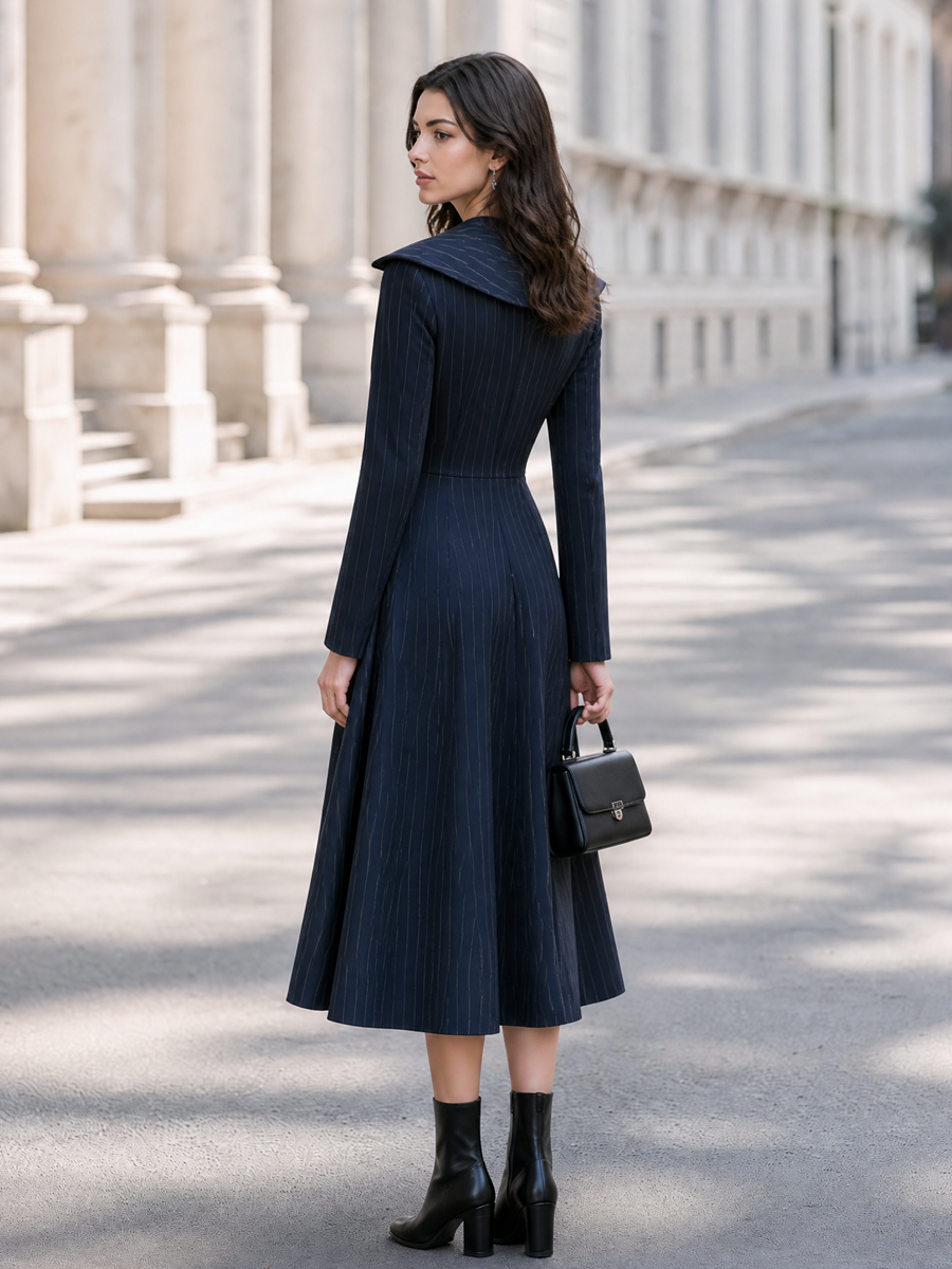 Pinstripe Double-Breasted Lapel Collar Midi Dress