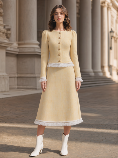 Tweed Fringe Trim Jacket & A-Line Midi Skirt Two-Piece Set