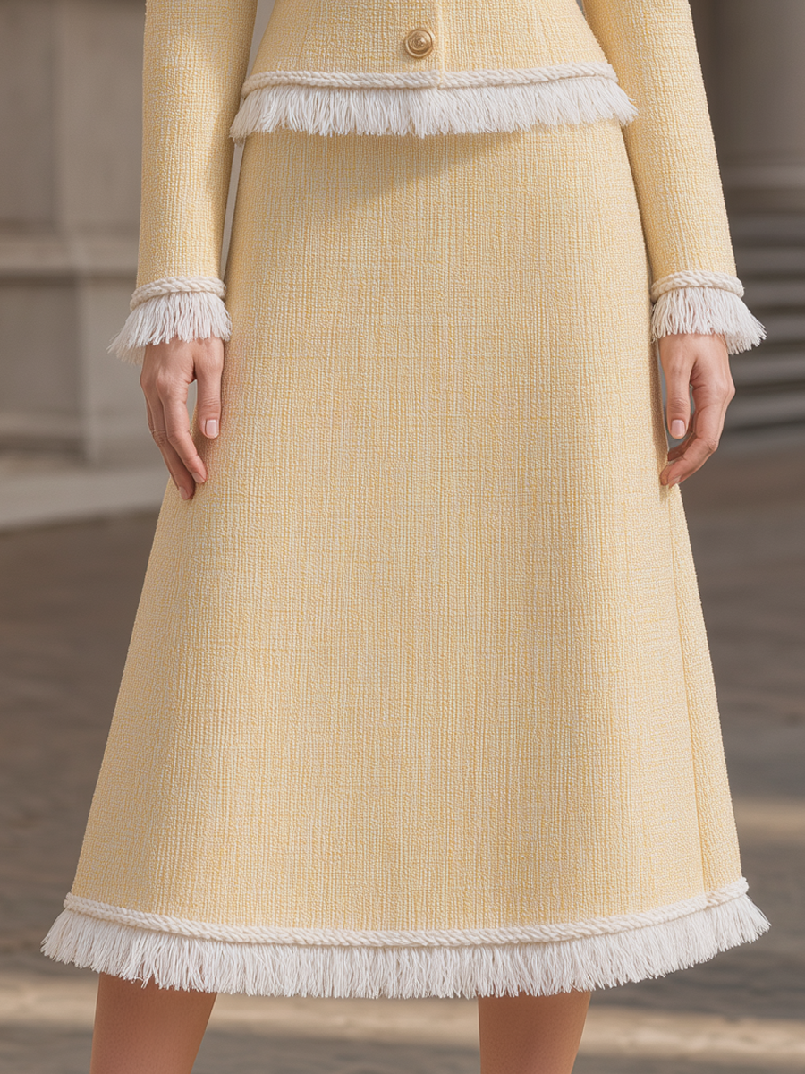 Tweed Fringe Trim Jacket & A-Line Midi Skirt Two-Piece Set