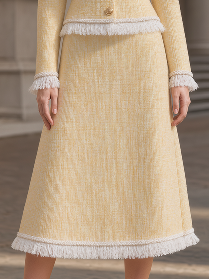 Tweed Fringe Trim Jacket & A-Line Midi Skirt Two-Piece Set