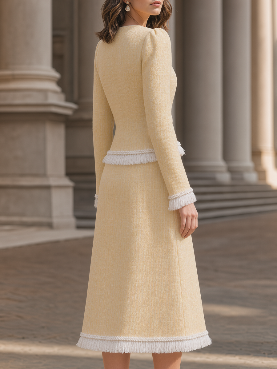Tweed Fringe Trim Jacket & A-Line Midi Skirt Two-Piece Set