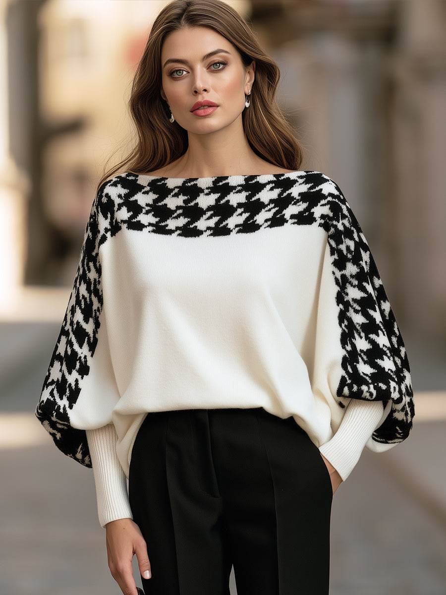 Houndstooth Batwing Knit Sweater