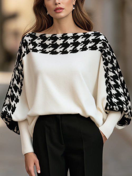Houndstooth Batwing Knit Sweater
