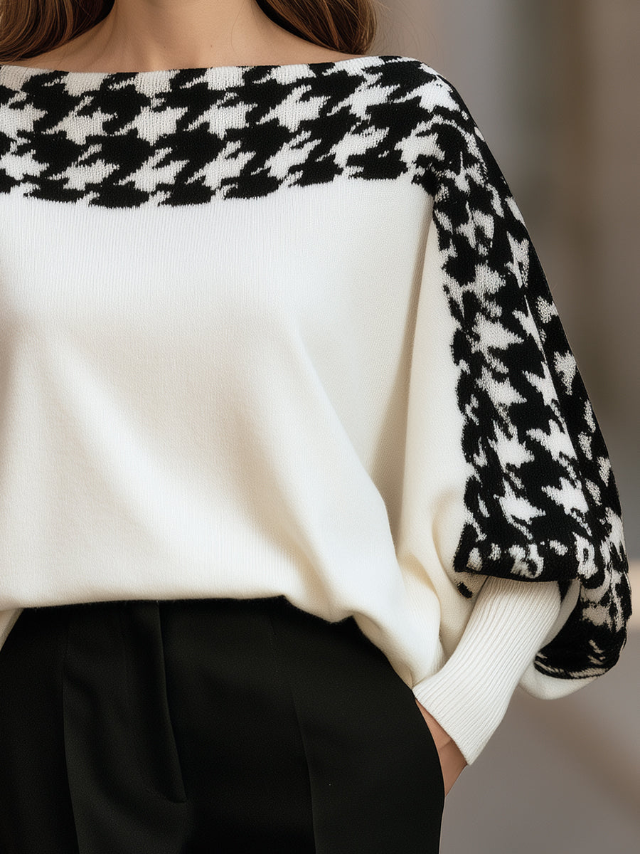Houndstooth Batwing Knit Sweater