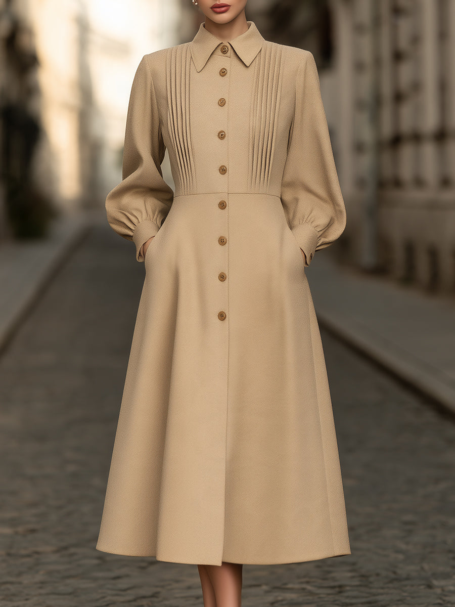 Pintuck Button-Front A-Line Midi Dress