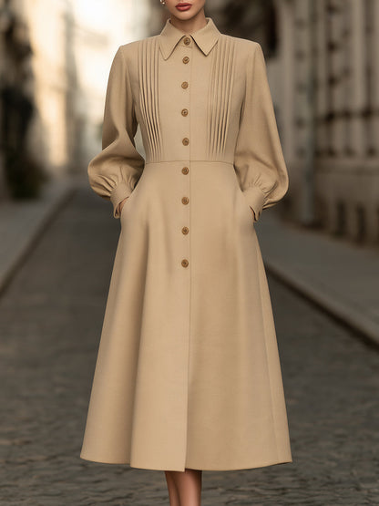 Pintuck Button-Front A-Line Midi Dress