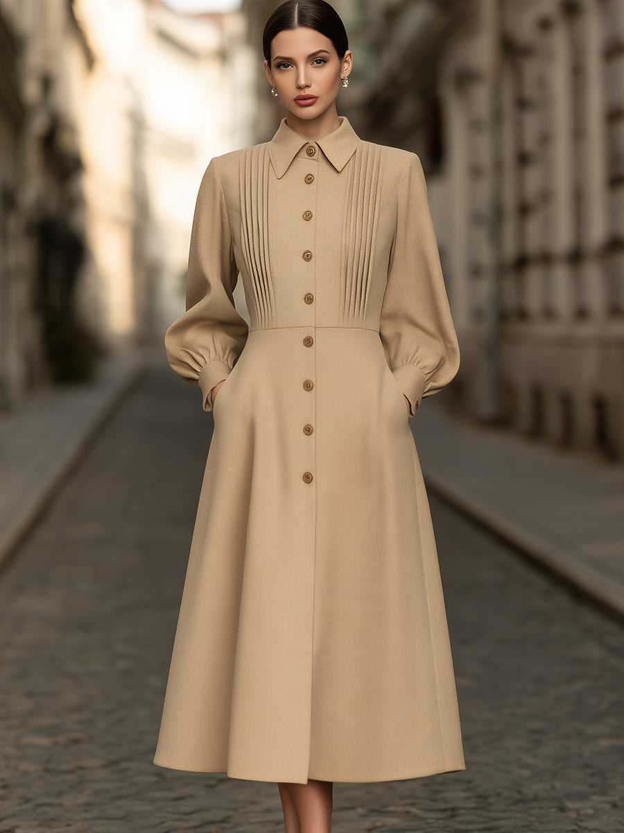 Pintuck Button-Front A-Line Midi Dress