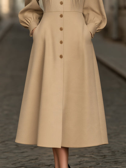 Pintuck Button-Front A-Line Midi Dress