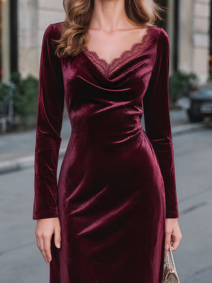 Elegant Velvet Cowl Neck Bodycon Midi Dress With Lace Trim